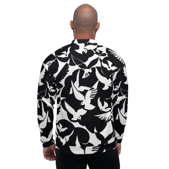 Pigeons in White and Black Pattern Unisex Bomber Jackets. - Picture 4 of 12